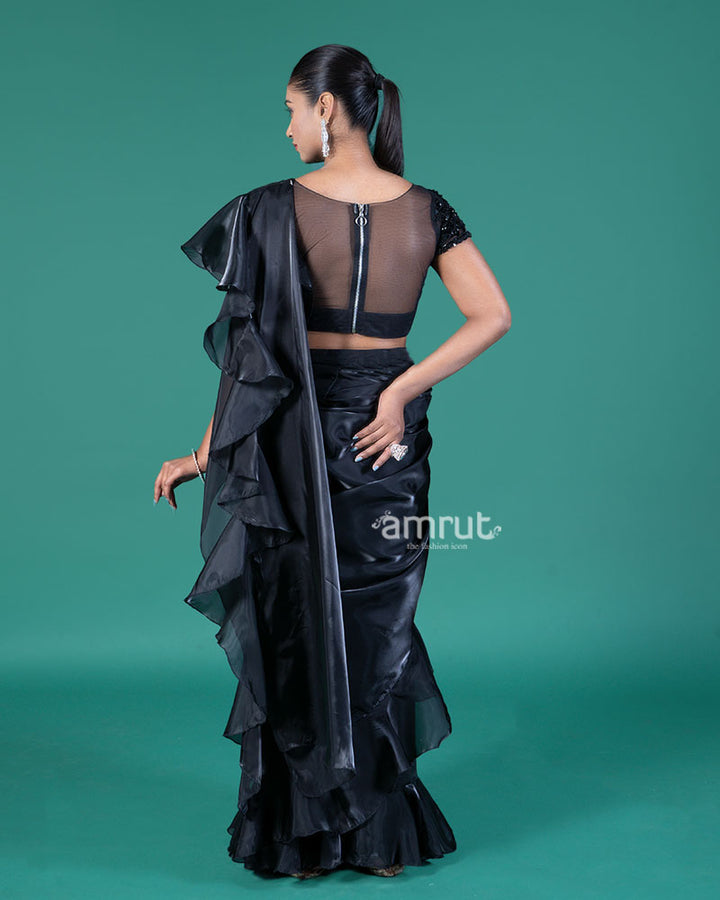 Black Ready-to-Wear Saree with Embellished Blouse and Ruffled Border 06
