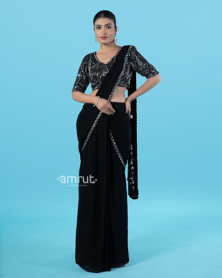 Black Ready-to-Wear Saree with Silver Beaded Blouse and Tassel Border 01