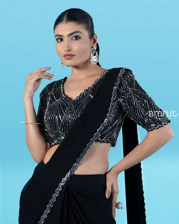 Black Ready-to-Wear Saree with Silver Beaded Blouse and Tassel Border 02