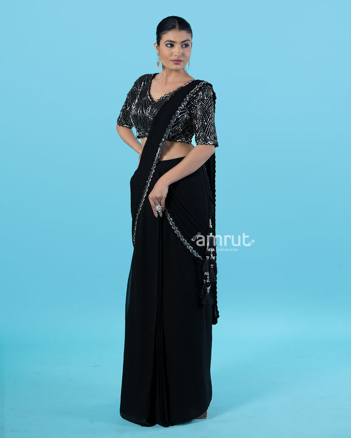 Black Ready-to-Wear Saree with Silver Beaded Blouse and Tassel Border 05