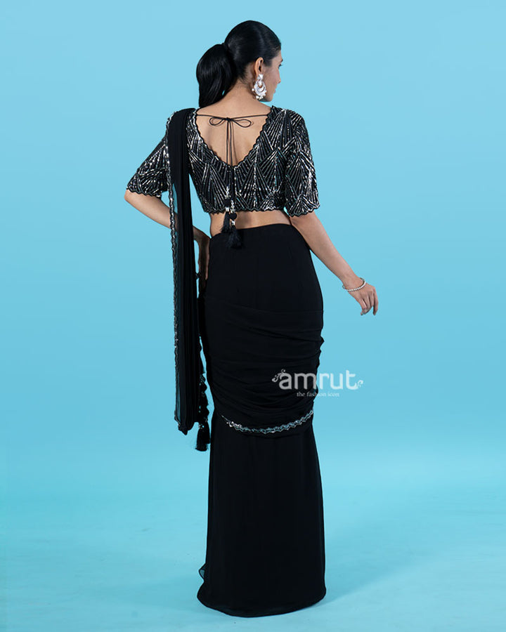 Black Ready-to-Wear Saree with Silver Beaded Blouse and Tassel Border 06