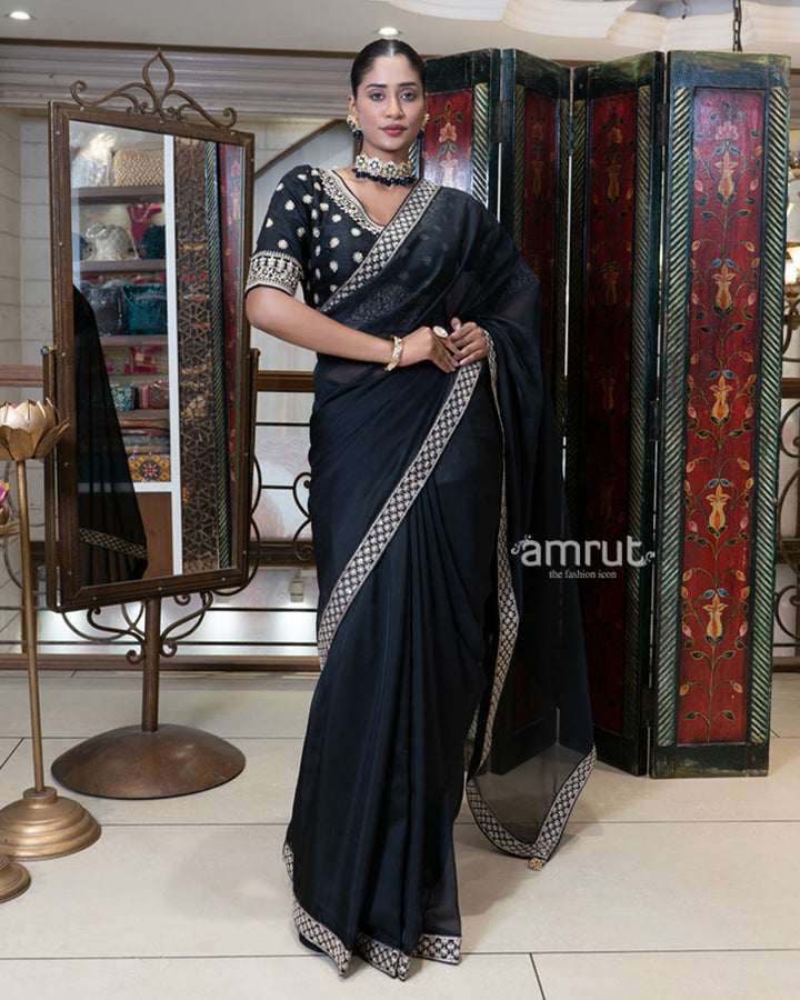Black Saree with Golden Embroidered Stitched Blouse 01