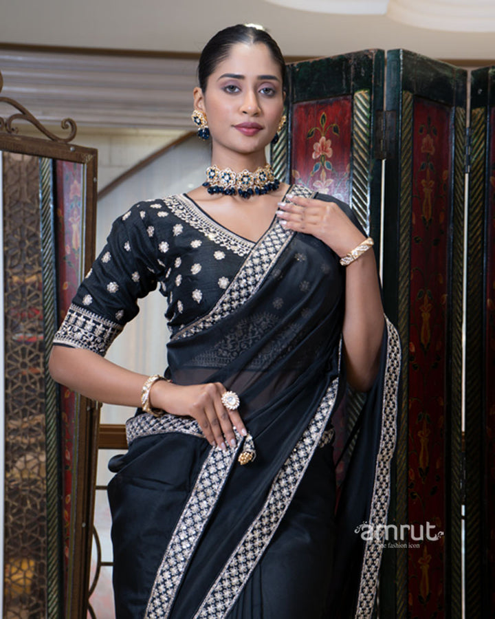 Black Saree with Golden Embroidered Stitched Blouse 02