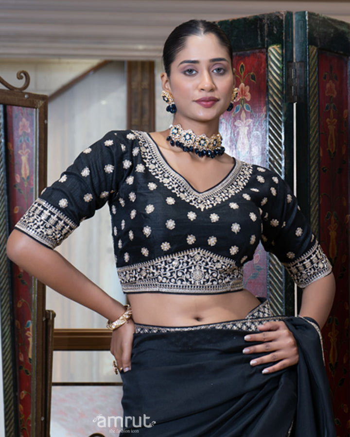 Black Saree with Golden Embroidered Stitched Blouse 04