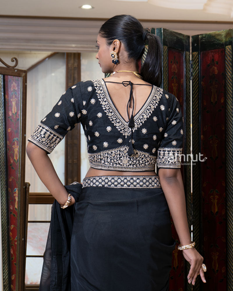 Black Saree with Golden Embroidered Stitched Blouse 05
