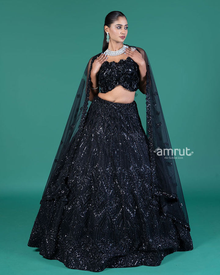 Black Sequined Lehenga Choli with Embellished Crop Choli and Net Dupatta 01