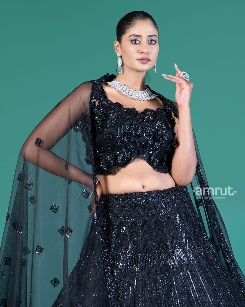 Black Sequined Lehenga Choli with Embellished Crop Choli and Net Dupatta 02