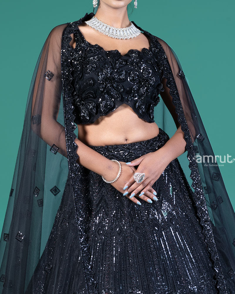 Black Sequined Lehenga Choli with Embellished Crop Choli and Net Dupatta 03