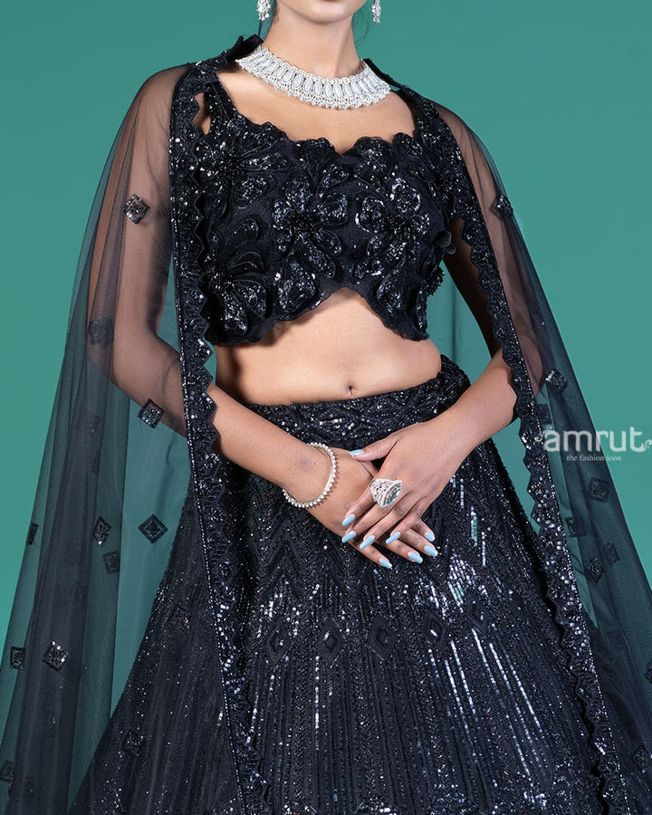Black Sequined Lehenga Choli with Embellished Crop Choli and Net Dupatta 03