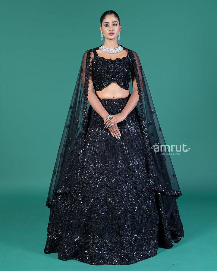 Black Sequined Lehenga Choli with Embellished Crop Choli and Net Dupatta 04