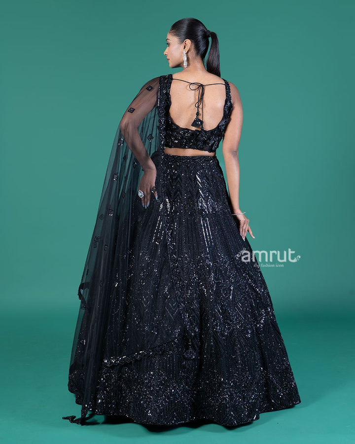 Black Sequined Lehenga Choli with Embellished Crop Choli and Net Dupatta 05