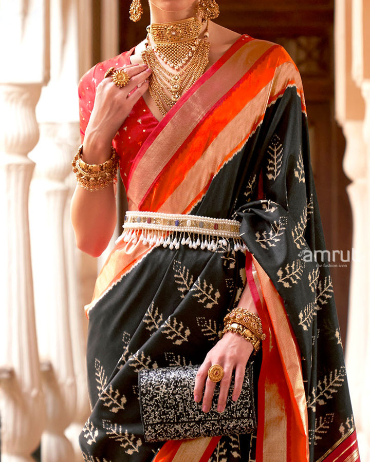 Black Zari Embellished Borders Silk Saree with Unstitched Blouse 03