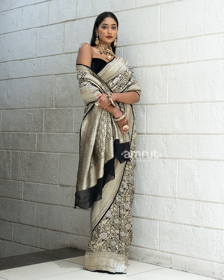 Black Zari Embroidered Banarasi Khadi Georgette Saree with Unstitched Blouse 05