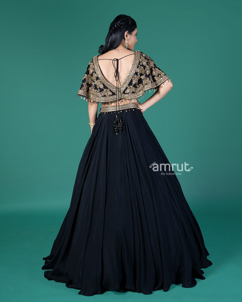 Black and Gold Embroidered Lehenga Choli with Feather Design 05