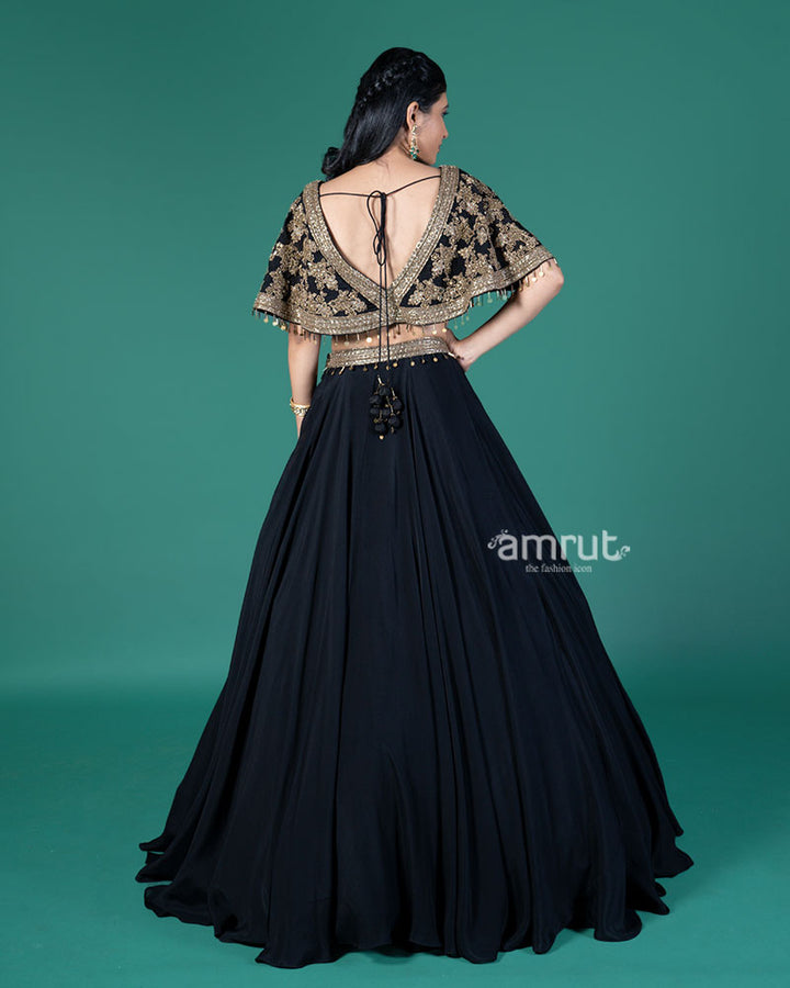 Black and Gold Embroidered Lehenga Choli with Feather Design 05