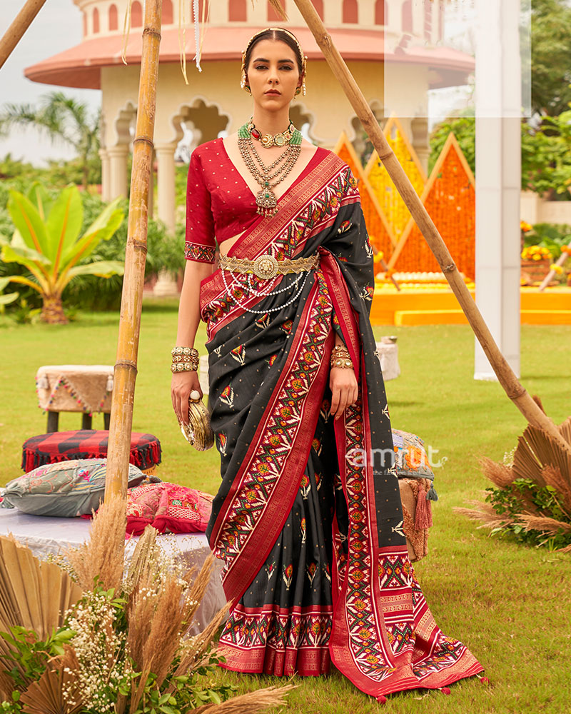 Black and Red Printed Patola Silk Saree with Zari Border and Unstitched Blouse 01
