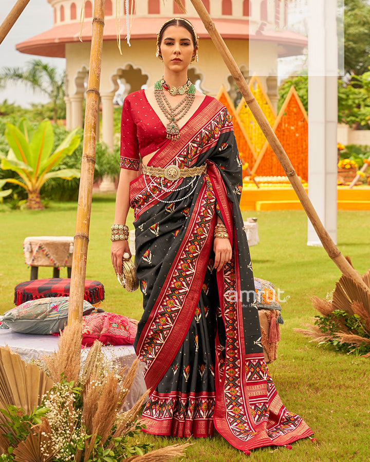Black and Red Printed Patola Silk Saree with Zari Border and Unstitched Blouse 01