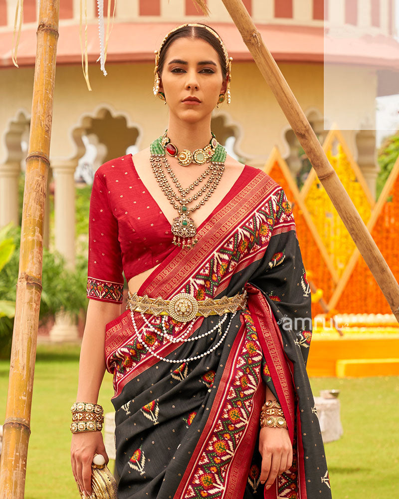 Black and Red Printed Patola Silk Saree with Zari Border and Unstitched Blouse 02