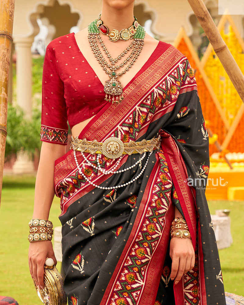 Black and Red Printed Patola Silk Saree with Zari Border and Unstitched Blouse 03