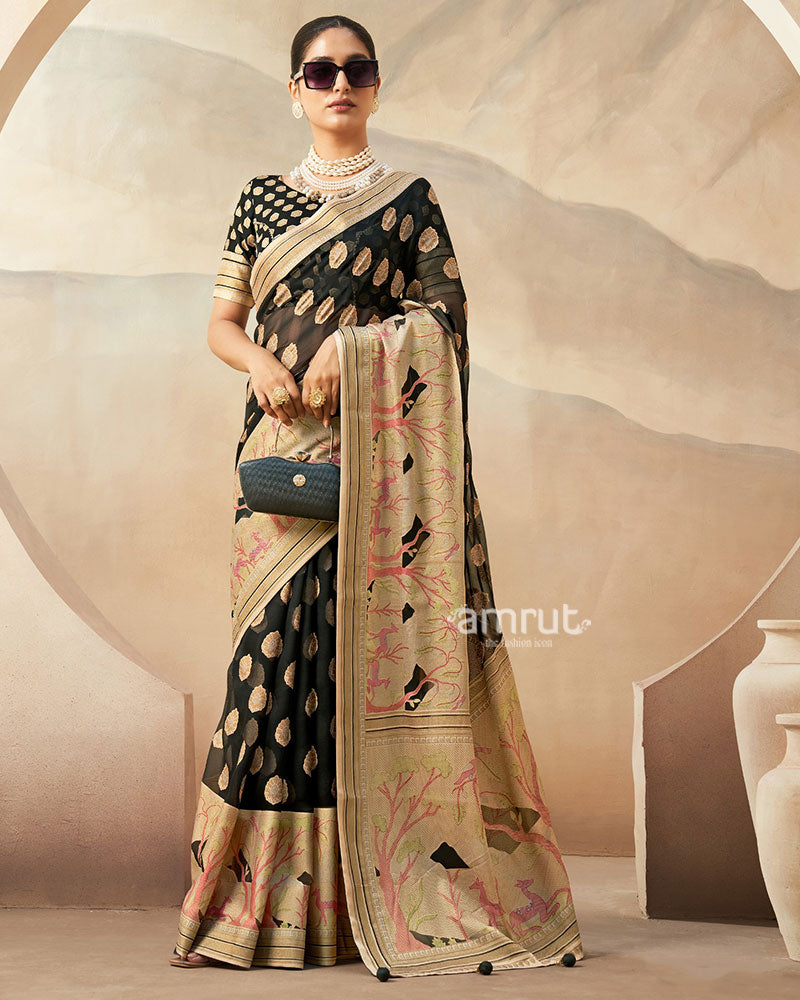 Black with Golden Polka Dots Nature Inspired Print Border Georgette Saree and  Unstitched Blouse 01