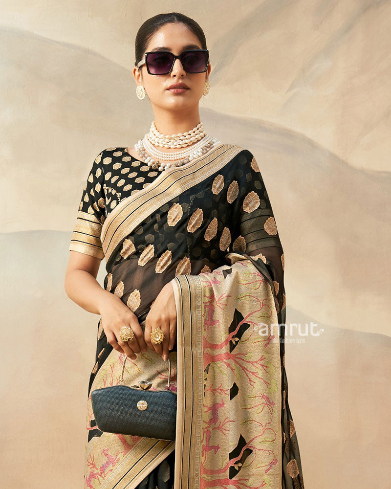 Black with Golden Polka Dots Nature Inspired Print Border Georgette Saree and  Unstitched Blouse 02