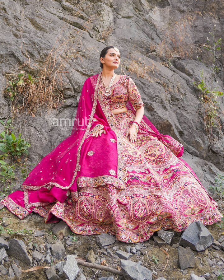 Bloom Pink Bridal Lehenga in Raw Silk With Hand Embroidery