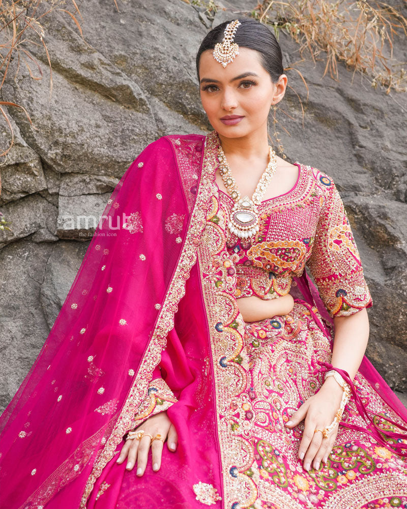 Bloom Pink Bridal Lehenga in Raw Silk With Hand Embroidery