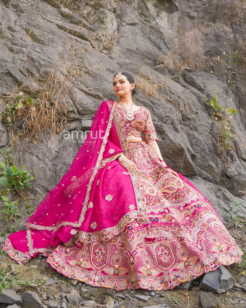 Bloom Pink Bridal Lehenga in Raw Silk With Hand Embroidery