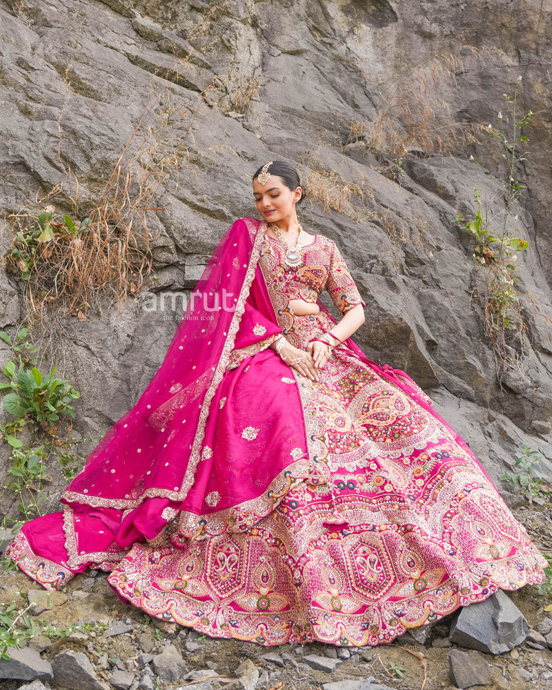 Bloom Pink Bridal Lehenga in Raw Silk With Hand Embroidery