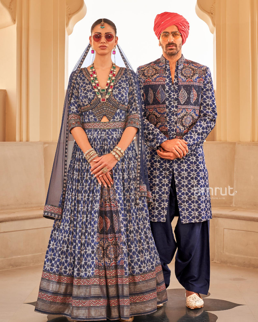 Blue Anarkali Dress and Men Blue Kurta Set with Printed Coat AMRUT Blue Anarkali Dress and Men Blue Kurta Set with Printed Coat AMRUT