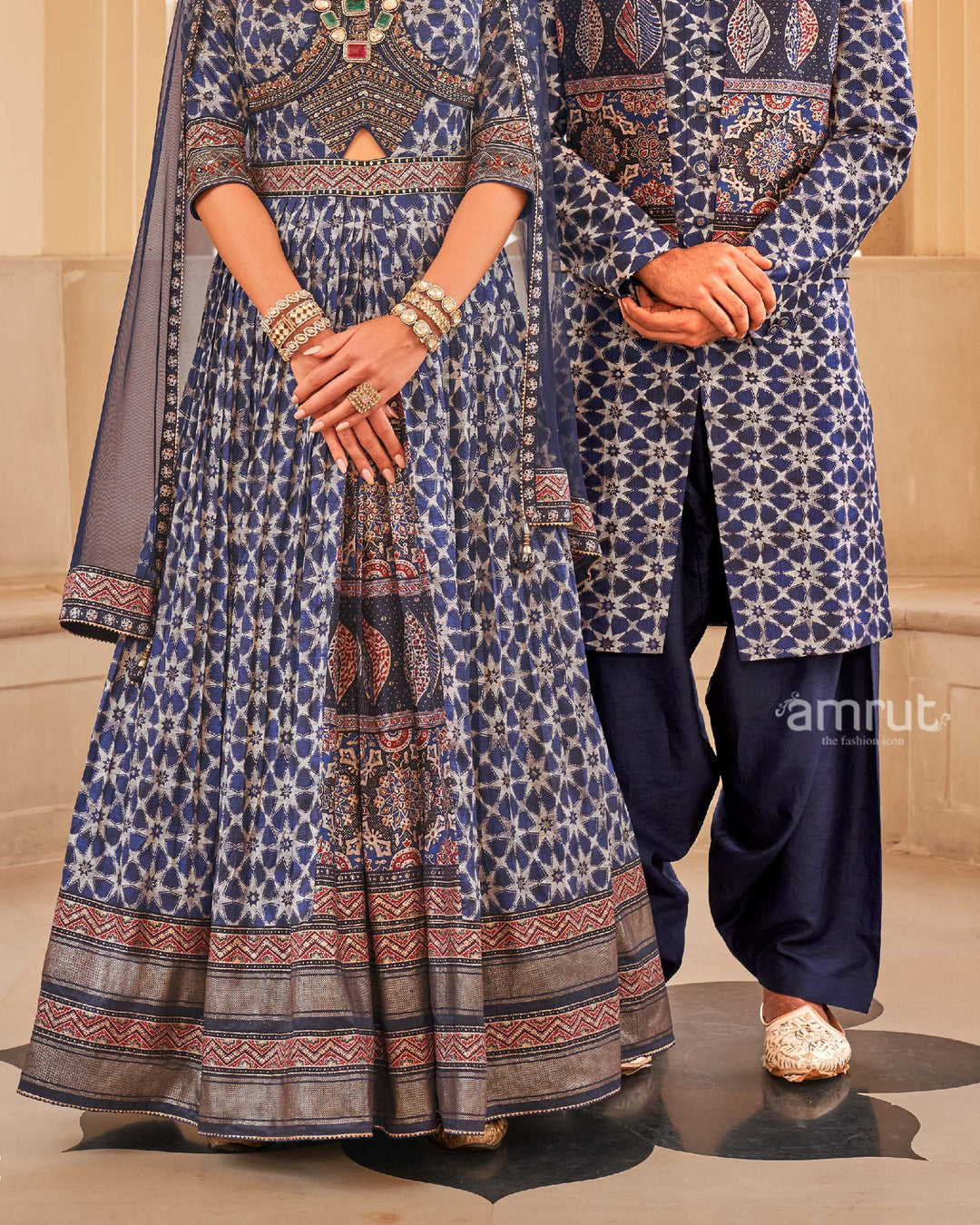 Blue Anarkali Dress and Men Blue Kurta Set with Printed Coat