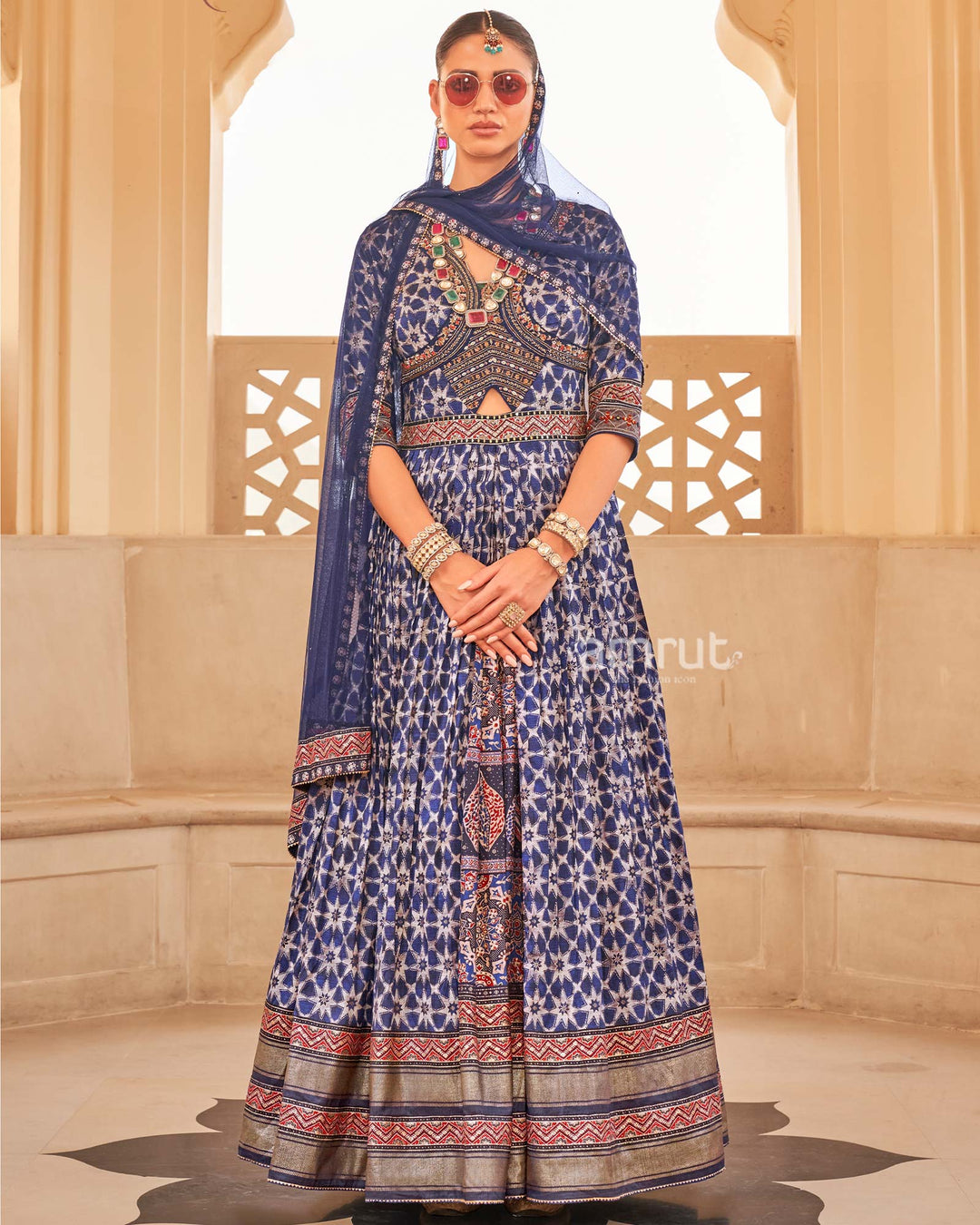 Blue Anarkali Dress and Men Blue Kurta Set with Printed Coat