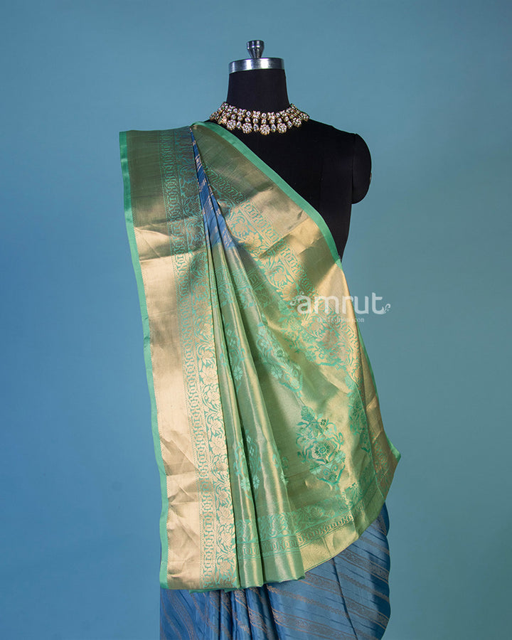 Blue Banarasi Saree with Green Pallu and Unstitched Blouse