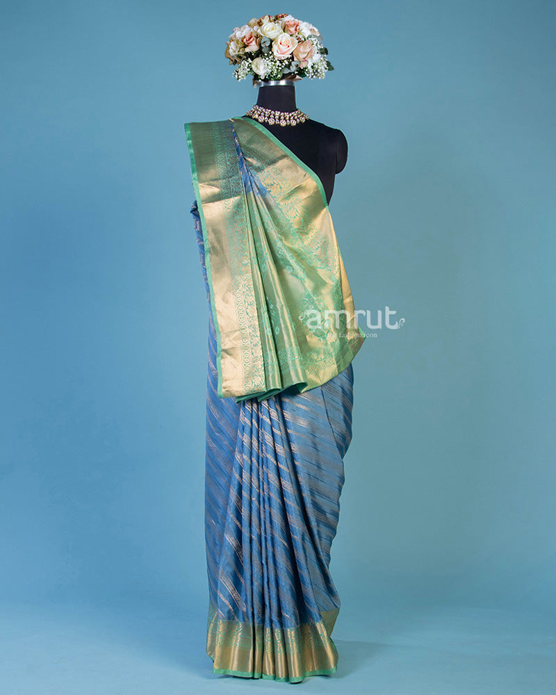 Blue Banarasi Saree with Green Pallu and Unstitched Blouse