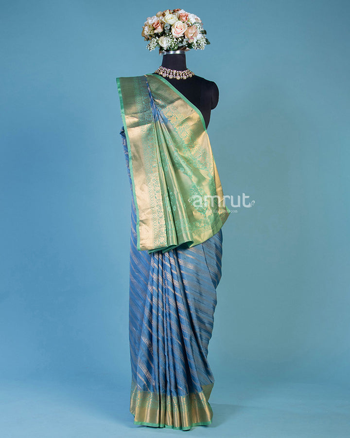 Blue Banarasi Saree with Green Pallu and Unstitched Blouse