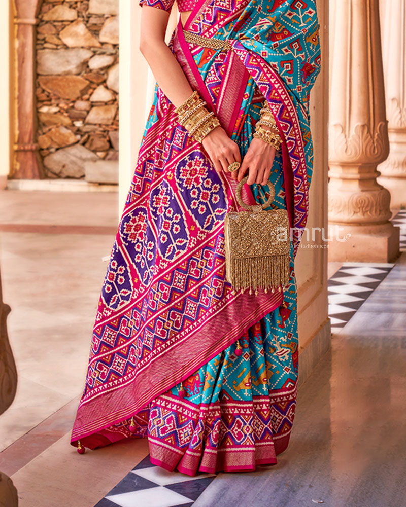 Blue Embroidered Patola Printed Festive Saree in Cotton Silk