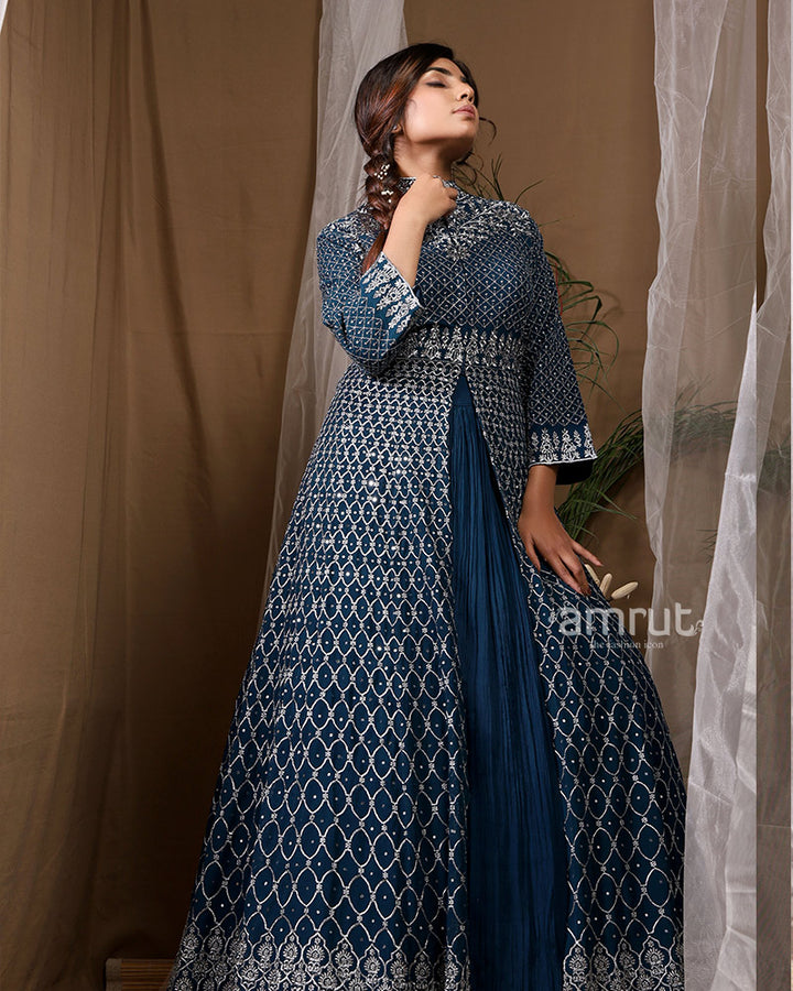 Blue Floor Length Embroidered Slit Style Gown for Wedding