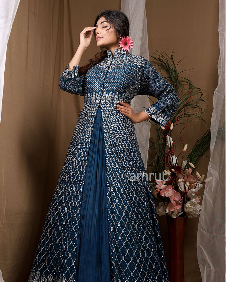 Blue Floor Length Embroidered Slit Style Gown for Wedding