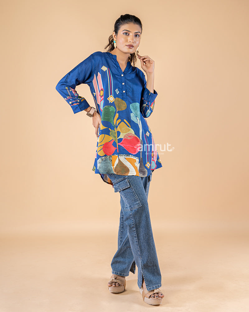 Blue Floral Printed Short Kurti