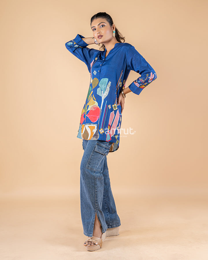 Blue Floral Printed Short Kurti