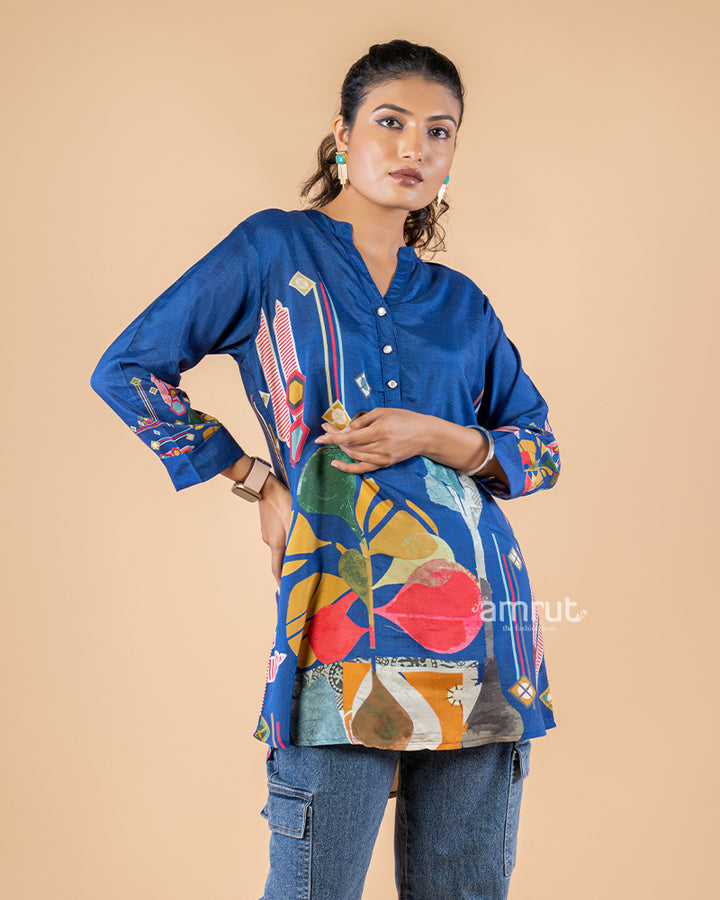 Blue Floral Printed Short Kurti