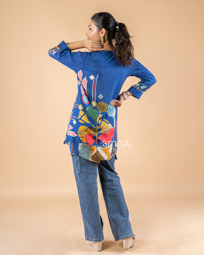 Blue Floral Printed Short Kurti