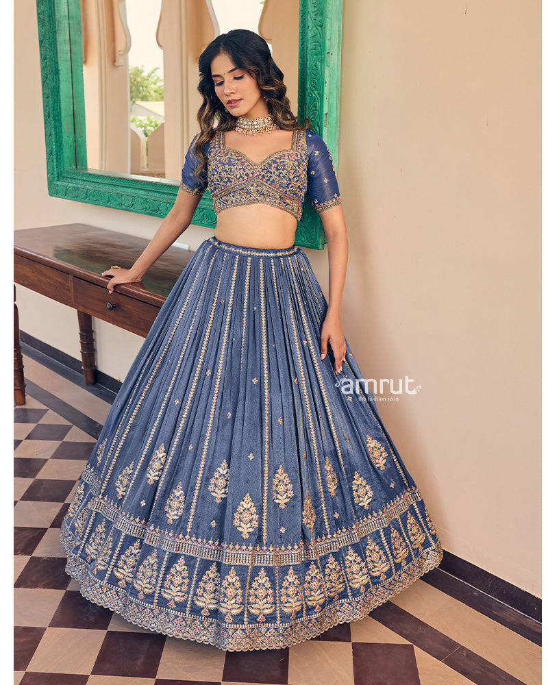 Blue Georgette Embroidered Lehenga WIth Dupatta