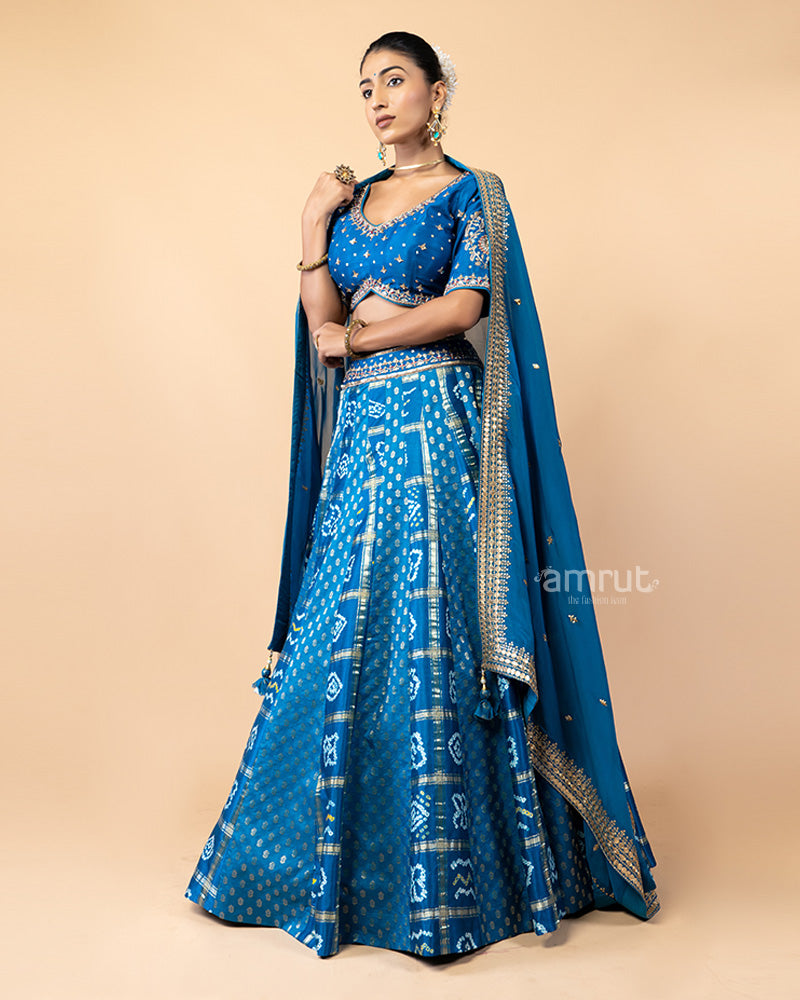 Blue Lehenga Choli with Patola Design and Chiffon Dupatta