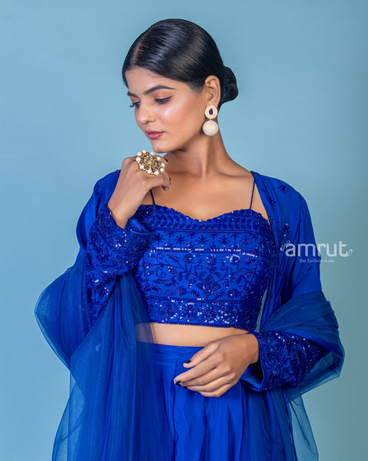 Blue Organza Embroidered Lehenga Choli With Shrug