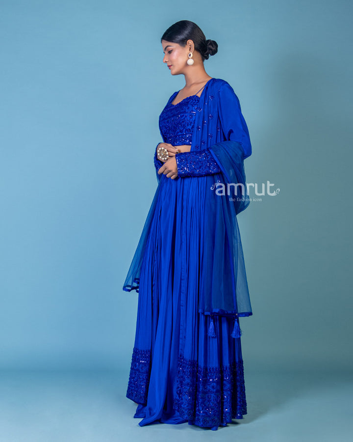 Blue Organza Embroidered Lehenga Choli With Shrug