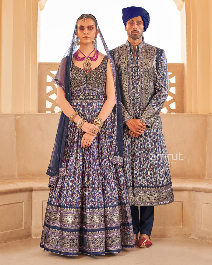 Blue Printed Anarkali Dress and Men Kurta Set with Zari Work Coat