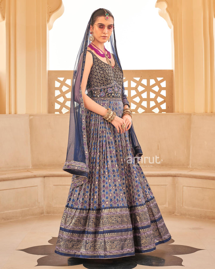 Blue Printed Anarkali Dress and Men Kurta Set with Zari Work Coat