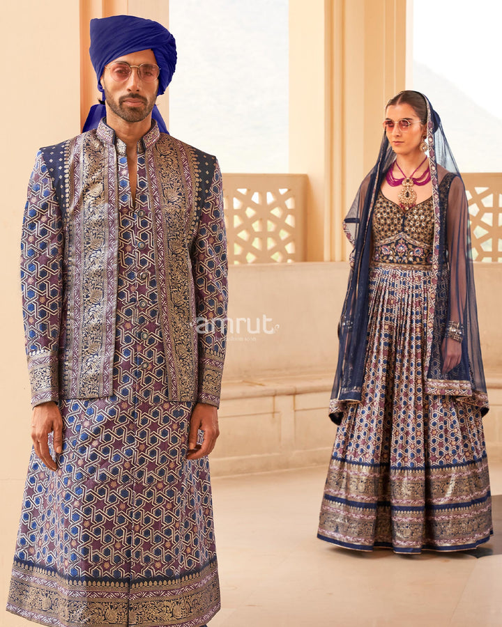 Blue Printed Anarkali Dress and Men Kurta Set with Zari Work Coat