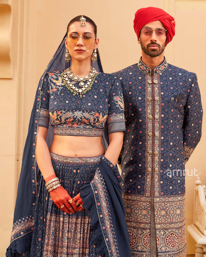 Blue Printed Lehenga Set and Men Kurta Set